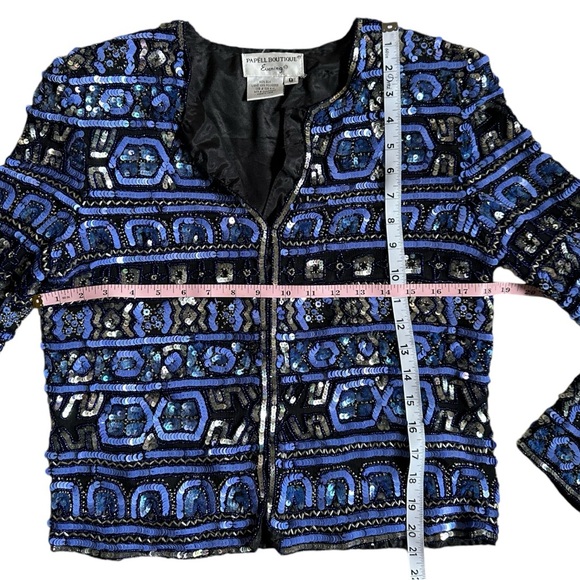 Vintage Papell Heavily Beaded Blue Jacket Geometric Sequin Formal Jacket Size 8 - Picture 7 of 14